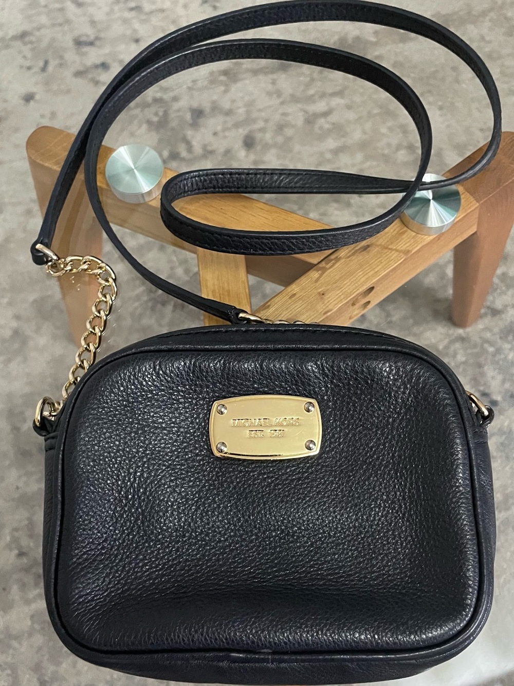 Michael Kors Black Pebbled Leather Crossbody with Gold Chain Accent